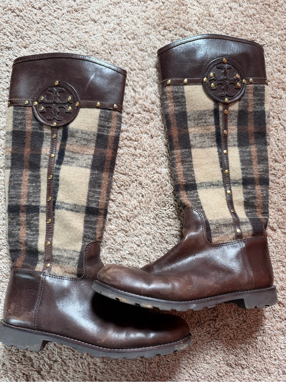 Tory Burch Brown Plaid Tall Leather Riding Boots